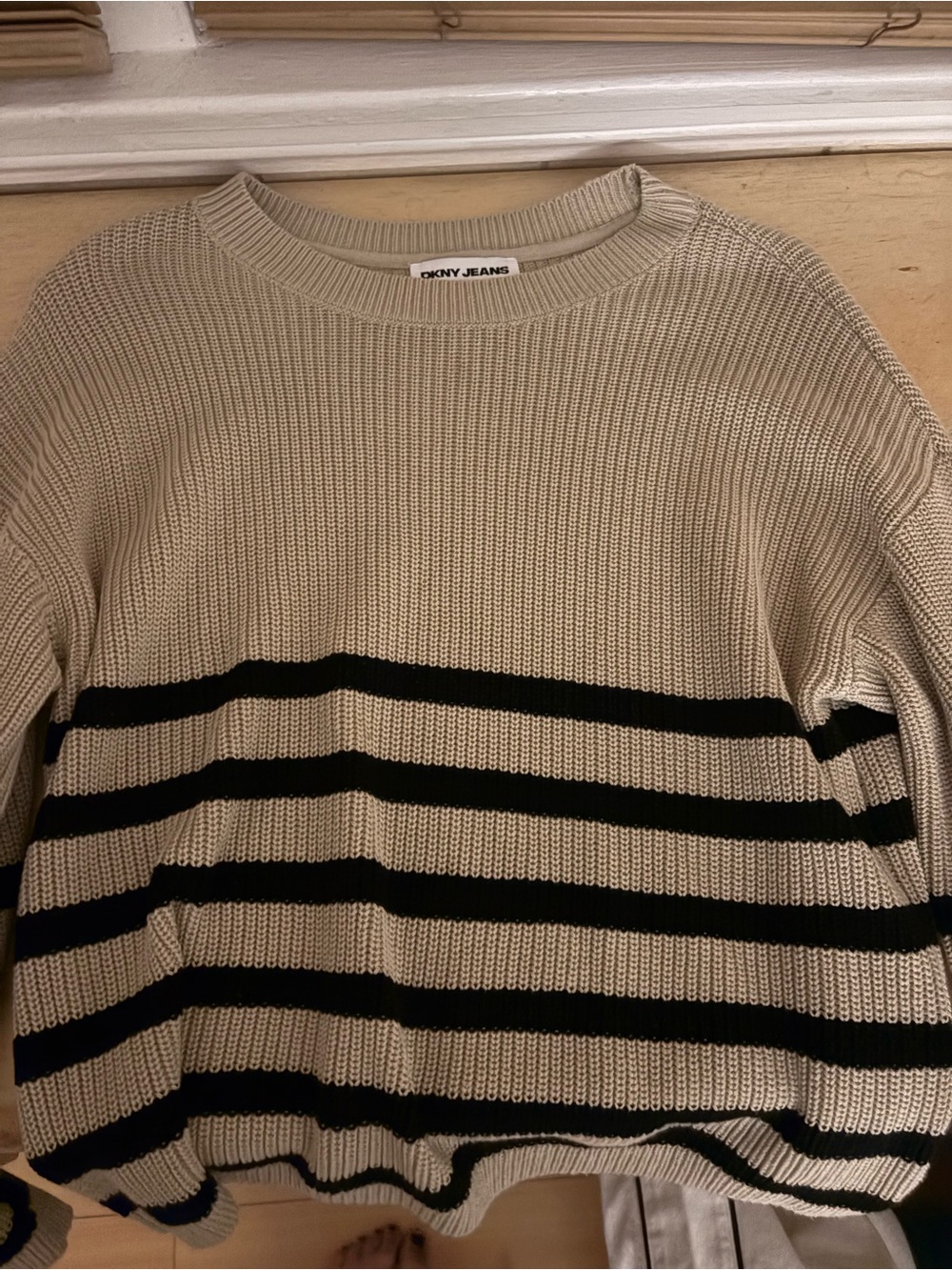 Dkny Beige and Black Striped Crewneck Sweater